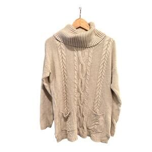 Marled Cable Knit Turtleneck Sweater Beige Cotton/Polyester Womens XL
